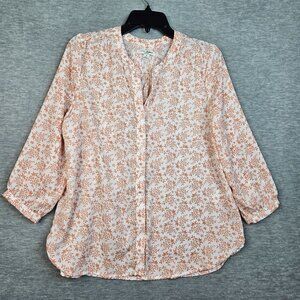 JACHS Girfriend Women's Leaf Printed 3/4 Sleeve V-neck Button Up Blouse Sz S